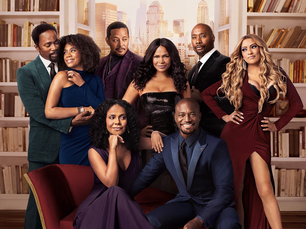 cast of The Best Man: The Final Chapters, from left: Harold Perrineau, Regina Hall, Terrence Howard, Sanaa Lathan, Nia Long, Taye Diggs, Morris Chestnut and Melissa De Sousa. Image: Peacock.