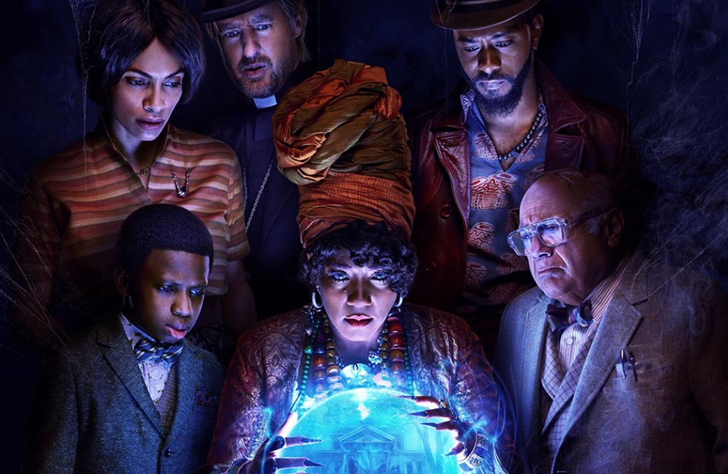 Tiffany Haddish, Jamie Lee Curtis, Owen Wilson, Lakeith Stanfield, Rosario Dawson, and Chase Dillon in Haunted Mansion